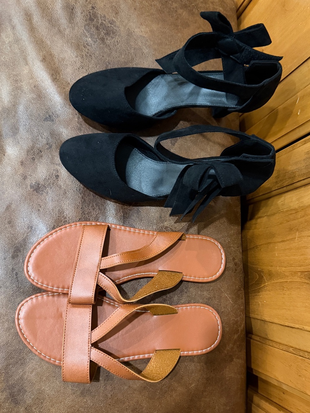 SHEIN Black Ankle Tie Heels & Brown Slide Sandals Set Never Worn